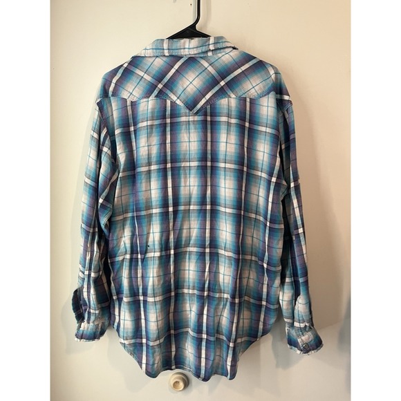 Levis Vintage 90s Y2k Distressed Plaid Pearl Snap Button Down Womans Large Blue‎ - Picture 6 of 8